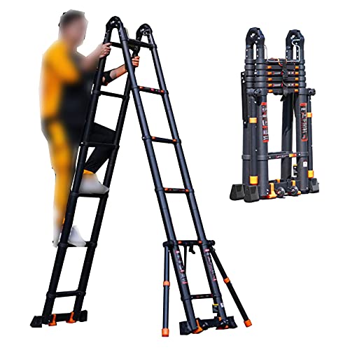 HADECOLL Escalera Telescópica Multiusos, Plegable Y Extensible, Ideal para Proyectos De Bricolaje, Jardinería, Taller, con Barra De Equilibrio Y Rueda Móvil, Color Negro, 2,9 + 2,9 M
