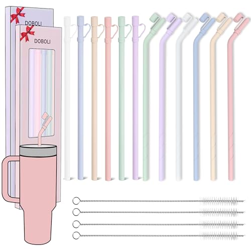 Image of Doboli 12 Pack Replacement 12&13 inch Long Silicone Straw With Straw Cover,Compatible with Stanley 40 oz 30 oz Cup Tumbler, Reusable Straws with Cleaning Brush,for Stanley Tumbler Accessorie