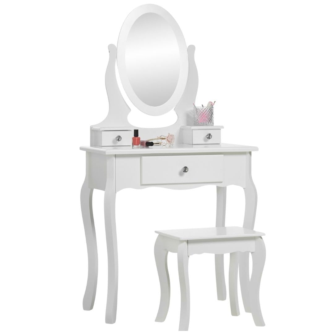Runesol Girls Dressing Table (Age 8-13yrs) with Mirror and Stool, Children's White Wooden Make up Dresser, Kids Vanity Table, Childs Dressing table, Dressing Table Set for a Kid
