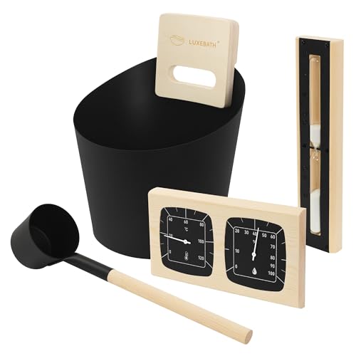 LuxeBath Saunazubehör-Set aus Aluminium & Naturholz, Schwarz, Sauna Set 4-teilig, Aufgusskübel mit Griff & Schöpfkelle, Thermometer-Hygrometer & 15min Sanduhr, Saunaeimer 6L, Langlebiges Sauna Zubehör