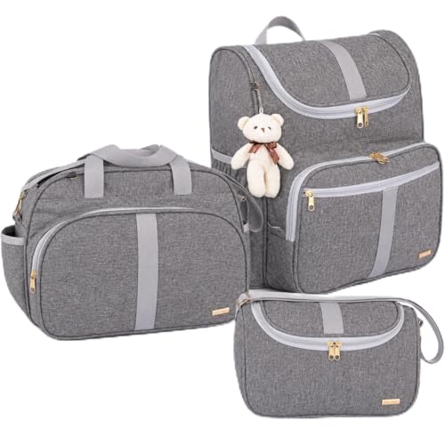 Kit Bolsas Maternidade 3 Peças com Mochila 2 em 1 faixa luxo Bolsa G Bolsa P e Mochila G Infantil Marinho AMOR (Cinza)