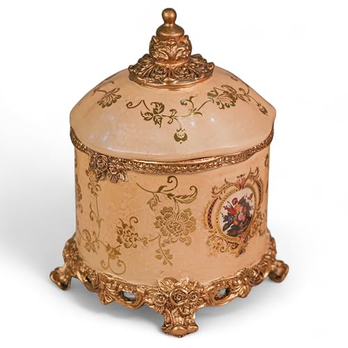 Image of DECOR BAE Flower Printed Luxurious Jewellery Jar, Resin Handcrafted Antique Premium Jewelry Storage Box for All Jewelry Necklaces Earring Ring Chain Bangle (Beige, 6.5X10 Inch)