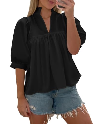 Cicy Bell Womens Puff Sleeve V Neck Blouse Babydoll Peplum Tops Dressy Casual Pleated Loose Fit Shirts4