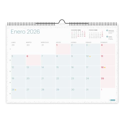 Miquelrius - Calendario 2026 de pared Lovely, Organizador anual A3: 420 x 296 mm, Espacio para anotar, Planificador 12 meses, Espiral doble, Español, Incluye adhesivos, Colores pastel