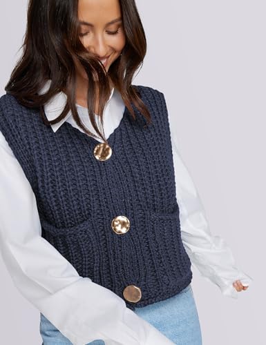 Image of UEU Womens Chunky Sweater Vest Button Down Sleeveless Cardigan V Neck Crop Crochet Knit Tops 2025 Fashion Trendy Clothes