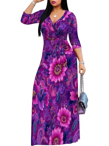 Image of SUZONANA Plus Size Dresses for Women Floral Print Maxi Dress Flowy 3 /4 Sleeve with Belt