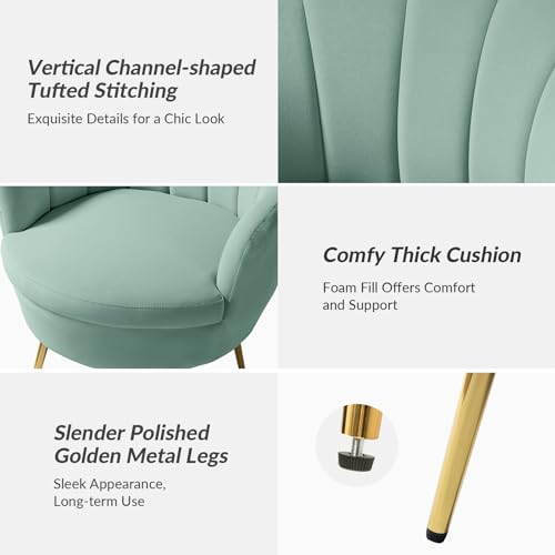 Image of HULALA HOME Modern Velvet Accent Chair with Shell Shaped Back, Cute Living Room Bedroom Armchair Sofa Chair with Gold Legs, Comfy Upholstered Vanity Chair for Makeup Room, Sage
