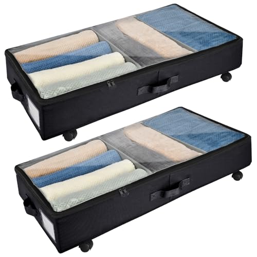 Xtsuen 2 contenitori sottoletto, contenitore sottoletto con ruote, rotazione a 360° e telaio in metallo, borsa pieghevole di grande capacità in tessuto non tessuto per riporre vestiti, scarpe (Nero)