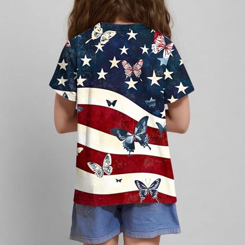 Finelylove Girls 4th of July Shirt American Flag Patriotic t-Shirt Short Sleeve Stars Stripes USA Tops Outfits 3-12 Years4