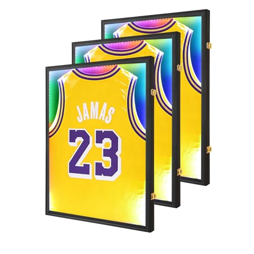 Image of Jersey Frame Display Case with LED for Wall 3-Pack, Large Lockable T-Shirt Shadow Box, Clear UV Protection Acrylic and Hangers for Football Basketball Baseball Soccer Hockey, Matte Black