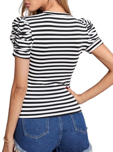 LilyCoco Womens Striped Puff Sleeve T Shirt Breton Crewneck Shirt Loose Fit Tee2