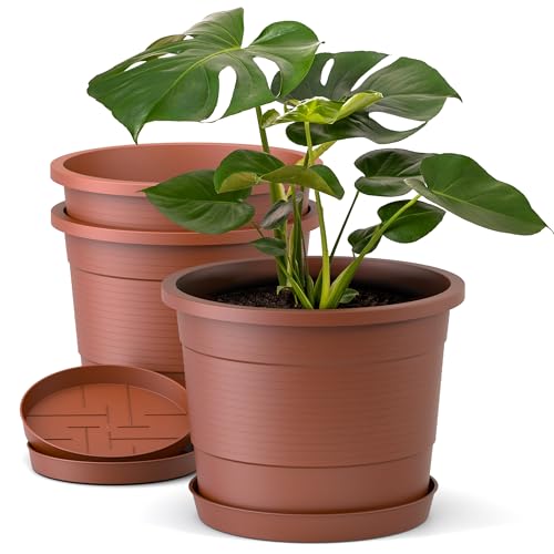 Plastard Blumentopf Terra 3er Set 54 cm Durchmesser Terrakotta - runder Pflanzkübel mit Untersetzer aus Kunststoff - witterungsbeständiger Übertopf, großer Pflanztopf
