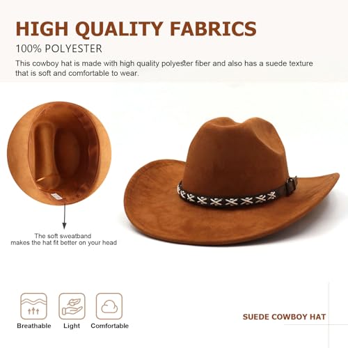Image of Western Suede Cowboy Hat for Women Men Wide Brim Classic Cowboy Cowgirl Hat with Buckle Belt Felt Fedora Hat