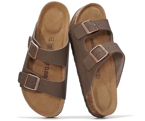 Project Cloud 100% Genuine Leather Flat Sandals For Women 2026 Cork Footbed Womens Sandals with Memory Foam and arch support Vacation Essentials Slides for Women Footwear (Venita MOCHALEA 8)