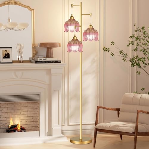 Image of QIYIZM Pink Floor Lamp for Living Room,Bedroom,Gold Mid Century Modern Standing Lamp Brass Tree 3 Light Tall Floor Lamps Vintage Retro Floor Lights Glass Flower Lamp Shade Girls Kids Boho Bohemian