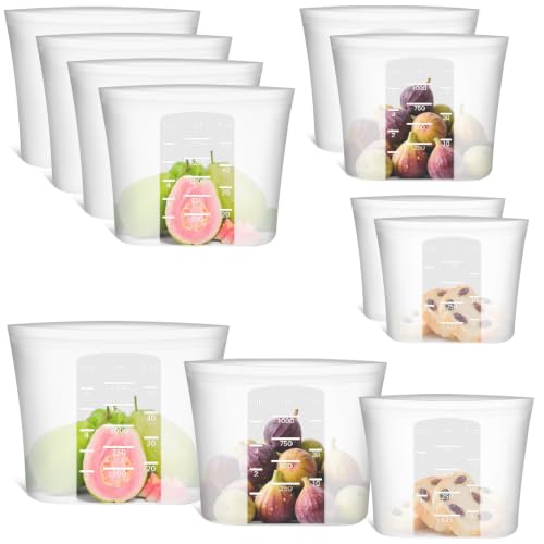 8-Pack Reusable Silicone Food Storage Bags, 100% Silicone Stand-Up Wide-Open Zip-Lock Reusable Storage Bags for Food, Freezer Microwave Oven Dishwasher Safe, Translucent, 4M 2S 2XS