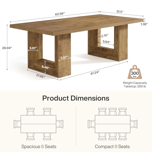 Image of Tribesigns Farmhouse Wooden Dining Table, 63-Inch Rectangular Kitchen Table with Heavy Duty Legs for Kitchen & Dining & Living Room, Brown