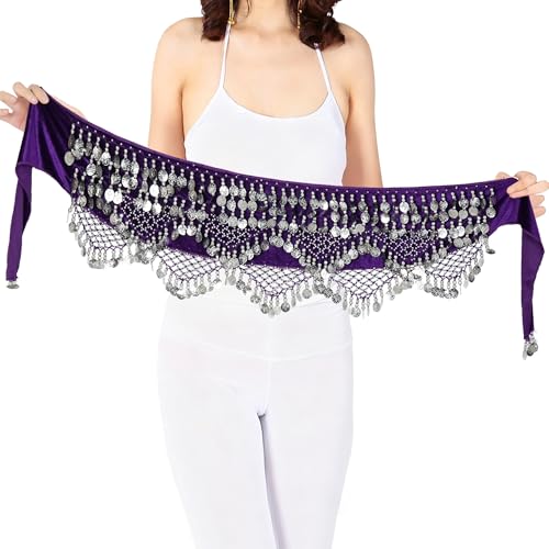 MUNAFIE Bauchtanz Hüfttuch Gürtel mit Münzen Bauchtanz Kostüm Damen Bauchtanz Rock Lila&Silber