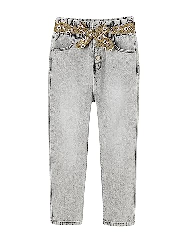 Jean paperbag fille avec ceinture fleurie en denim de coton confortable