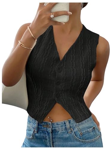 SweatyRocks Women's Sleeveless Button Down Crop Tops Textured V Neck Dressy Vest