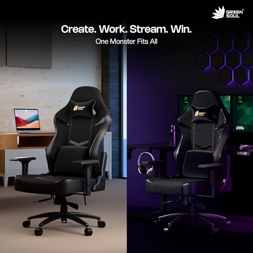 Image of Green Soul Monster Ultimate Series S | Multi-Functional Ergonomic Gaming & Office Chair| Premium Spandex & PU Leather Fabric | Adjustable Neck & Lumbar Pillow | 4D Adjustable Armrests (Full Black)