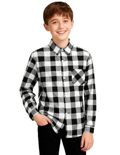 Camisa de algodón para niños de mintgreen, a cuadros de manga larga, 6-12 años, Negro Blanco, 7-8 años