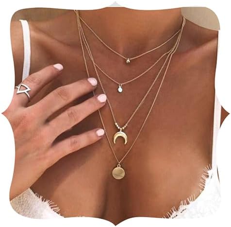 Bohemia Women Necklace Disc and Moon Necklace Coin Pendant Necklace Delicate Choker Chain Multi layer Necklaces for Women Gold Moon Crescent Disc Jewelry for Women, 1 Count (Pack of 1)