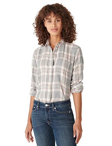 Lucky Brand Women's Long Sleeve Button Up One Pocket Plaid Flannel Shirt, Grey Multi, XS (US 0-2)