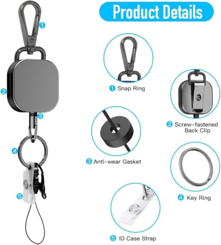 Image of AccuPrints Pack of 1 Retractable Id Card Holder, Keychain Badge Holder, Zinc Alloy Metal Carabiner Keychain 26.7 inches Retractable Steel Wire Reel Design Utility Keyring for Keys, Badge, Cards