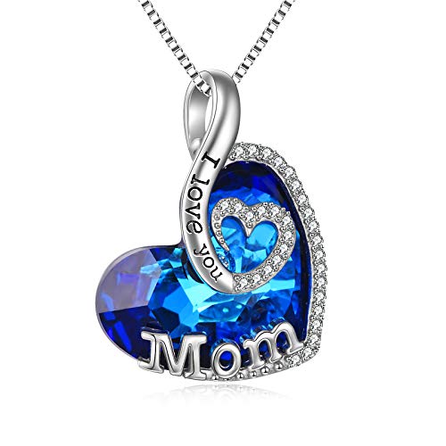 Toupop Gifts For Mom Sterling Silver I Love You Mom Necklace For Women With Sapphire Heart Crystal Mother Jewelry September Birthstone Pendant Necklace For Mothers Day Birthday Christmas Gifts For Mom From Daughter Son #TOP11