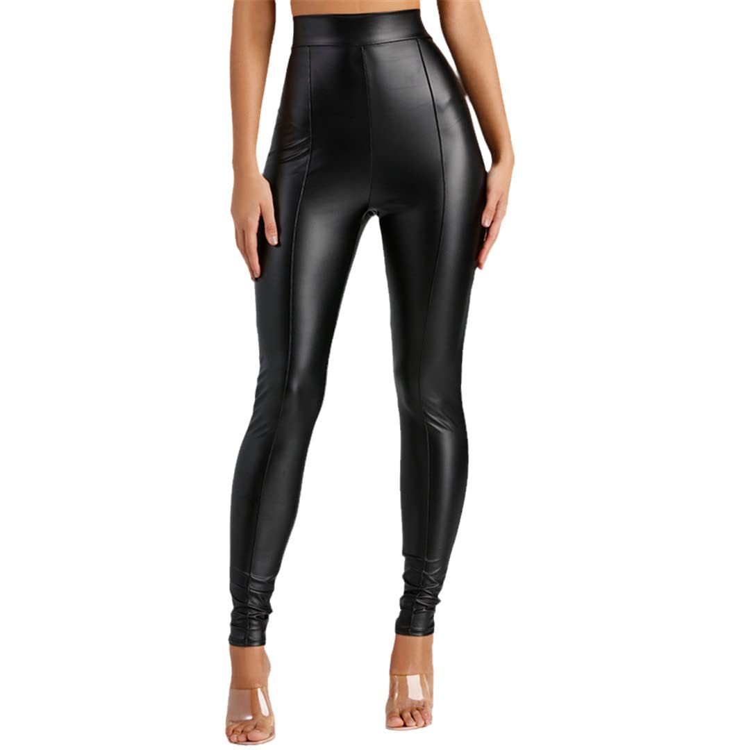 Wvapzxx Vintage spodnie ze skóry PU z wysokim stanem damskie odzież klubowa rozciągliwe spodnie ołówkowe biuro damskie bodycon elastyczne wąskie legginsy
