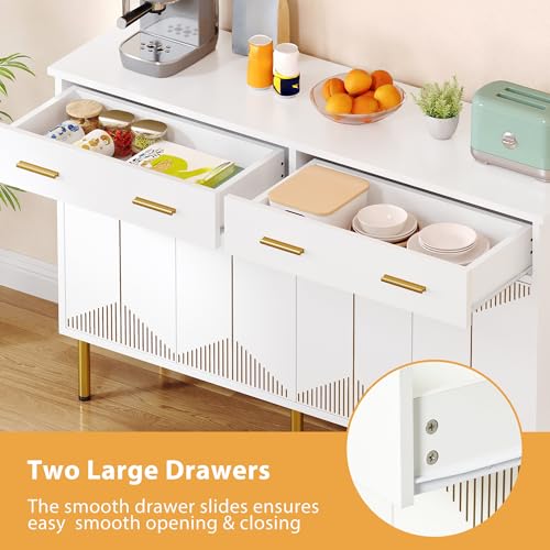 DWVO Modern Sideboard Buffet Cabinet with Storage, 55" Kitchen Storage Cabinet with Doors and Drawers for Hallway, Kitchen or Living Room, White/Gold