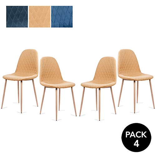 Mc Haus YRSA - Pack 4 sillas comedor diseño nórdico color mostaza tapizadas en tela sillas salón cocina con patas de metal efecto madera 50x39x87cm