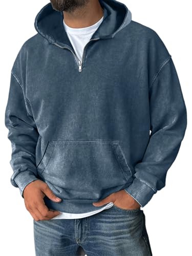 XSTH Pullover Hoodies for Men Fall Winter Casual Quarter Zip Plain Hooded Sweatshirts