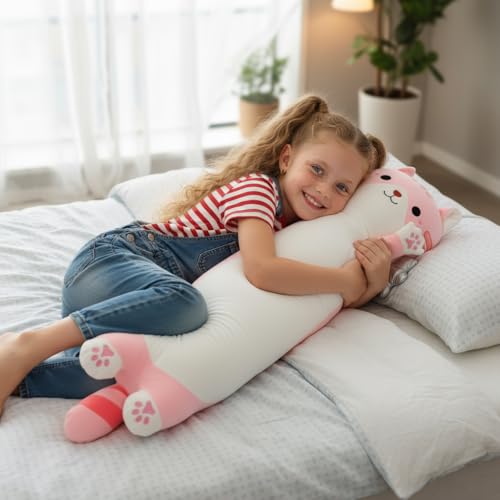 Image of Long Cat Plush Pillow, Cute Cat Stuffed Animal Body Pillow with Wings, Soft Kawaii Kitty Hugging Pillow, Christmas Valentine's Birthday Gift for Kids Girls Boys (Pink, 90cm /35.43in)