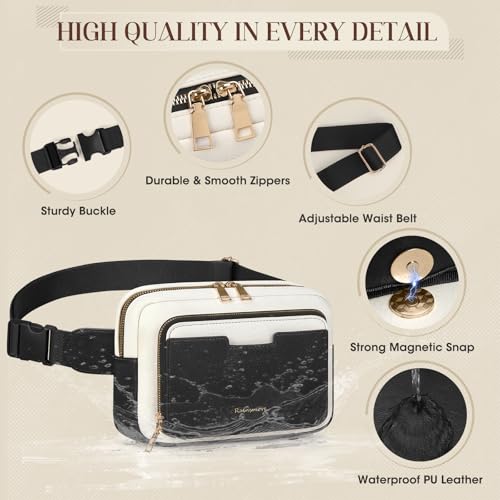 Image of RAINSMORE Fanny Packs for Women, Leather Belt Bag Waterproof Everywhere Crossbody Waist Pack with Adjustable Strap Retro Sling Chest Bag for Work Running Travel Party, Black with White