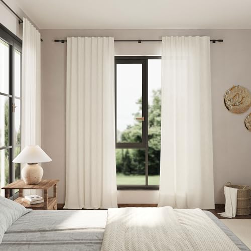 Image of Nanspring Cream Linen Back Tab Curtains 86 Inch Length for Living Room 2 Panel Set Farmhouse Window Semi Sheer Linen Drapes Rustic Pinch Curtain for Bedroom 52X86