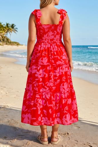 Image of Plus Size Summer Dress - Sun Boho Beach Casual Floral Tiered Smocked Long Maxi Dresses