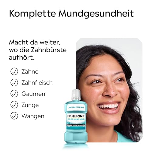 LISTERINE Cool Mint Mild 6 x 500 ml, antibakterielle Mundspülung mit ätherischen Ölen und ohne Alkohol, mildes Mundwasser bekämpft wirksam Bakterien, optimale Ergänzung zur täglichen Zahnpflege