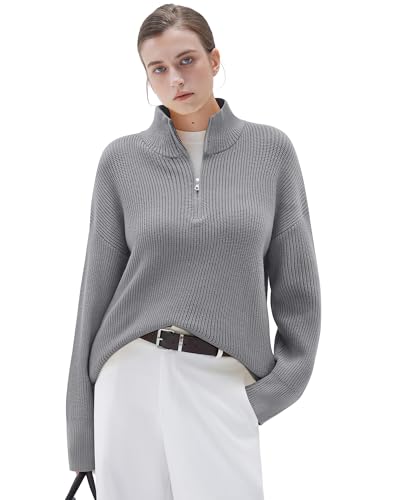 Image of SUUKSESS Women Cashmere Blend Oversized Quarter Zip Pullover Sweater Long Sleeve Collared Ribbed Knit Jumper Tops