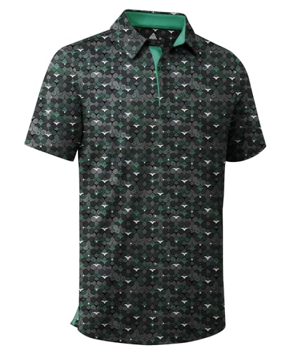 ZITY Men's Golf Shirts Short Sleeve Moisture Wicking Performance Print Patterns Casual Collared Golf Polo Shirt for Men Blackish Green