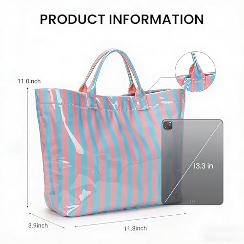 Image of Lushandy Striped PVC Tote Bag for Women, Waterproof Plastic Tote Bag for Beach Pool Large Top Handle Travel Hobo Handbag | Waterproof Material