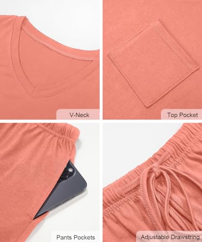 Image of RUBZOOF Women's Short Sleeve Pajama Sets with Pockets Casual V Neck 2 Piece Lounge Sets S-3XL