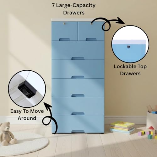 Image of The Tickle Toe Plastic Chest of 7 Drawers for Kids | Multipurpose Organizer for Boys in Blue Theme | Dresser Storage with 2 Locks | Glossy Finish | L51xW33xH121 cm | Blue