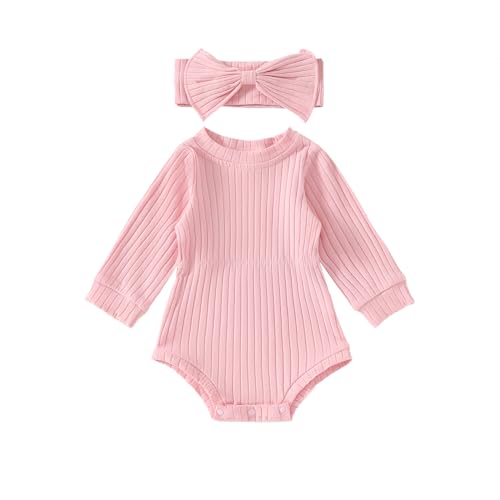 Image of Karwuiio Newborn Baby Girl Fall Outfits Long Sleeve Ribbed Knit Jumpsuit Romper with Headband Infant Clothes Sets