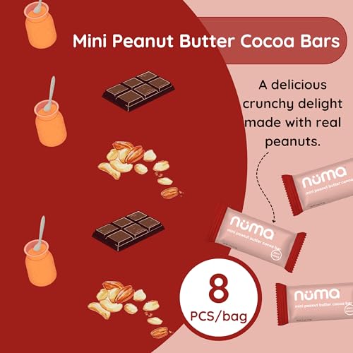 Image of Numa Mini Peanut Butter Cocoa Bars - Vegan, Low Sugar, High Protein, Natural, Gluten Free - Crunchy Plant Based PB Snacks - 3 Bags with 8 Individually Wrapped Chocolate Protein Bars