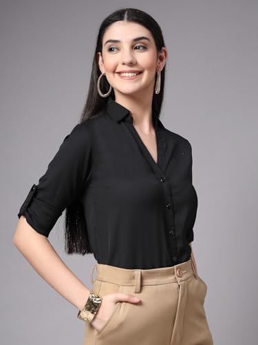 Image of Style Quotient Women Solid Navy Viscose Rayon Semi Formal Shirt