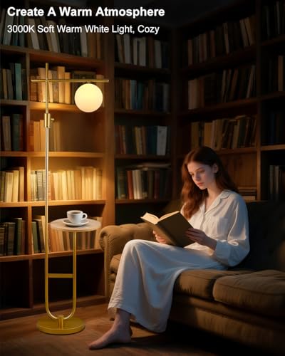 Image of Lightdot 66IN Gold Dimmable Floor Lamps with Table, Modern Standing Tall Lamp with Globe Lampshade, Cross-Shaped Lamp Head U-Pole Base for Living Room /Bedroom /Sofa Beside /Corner Decor(Bulb Included)