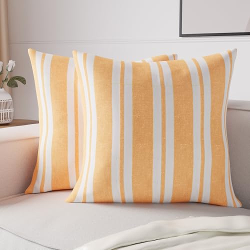 Image of Encasa XO Farmhouse Throw Pillow Covers Set of 2 (24x24 in) Franca Yellow Stripes | Decorative Cushion Covers No Inserts | Plaid and Stripes Pillow Covers for Living Room, Couch