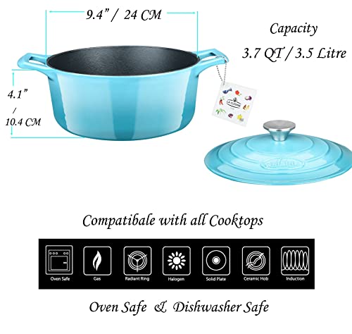 Image of La Cuisine Enameled Cast Iron Dutch Oven Casserole Dish Pot with Lid, 3.7 QT 9.5 Inches Dia. Matte Black Enamel Interior, Teal Porcelain Enamel Exterior Oven-Safe
